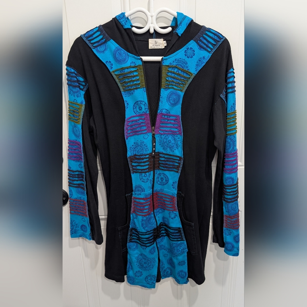 Patterned Blue Hooded Zip Utility Jacket